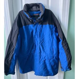 LL Bean Mens Blue Black Color block Winter Coat Stowaway Hood Insulated XXL Tall